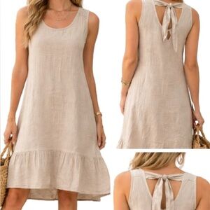 Terzo Millennio 100% Linen Dress L Beige Sleeveless Tie Back Ruffle Hem